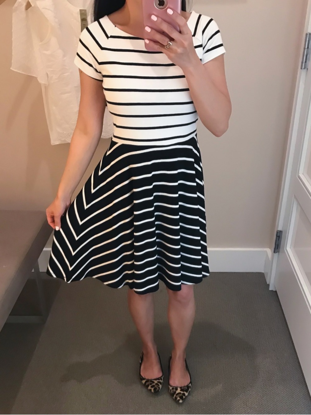 LOFT Black and White Striped Skater Skirt